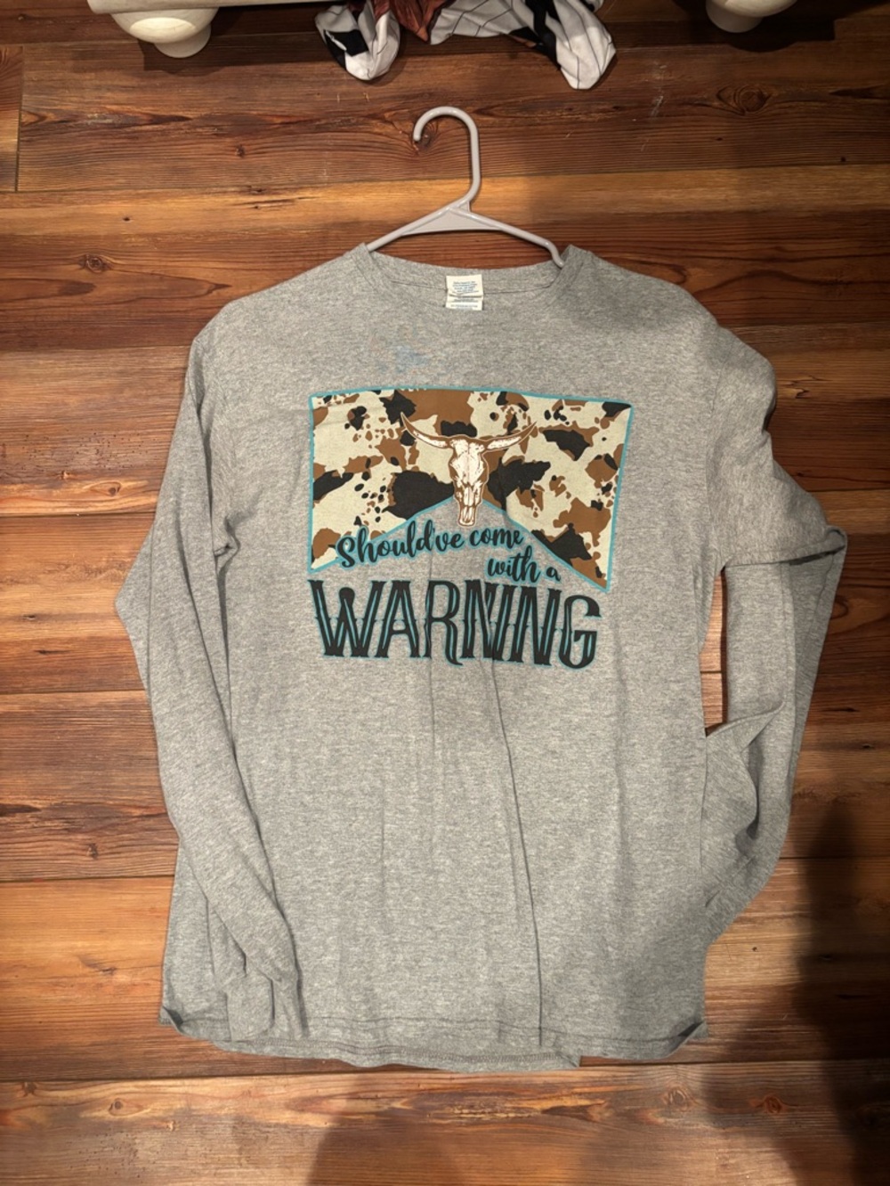 Gray Kids Long-Sleeve Shirt with Teal and Brown Graphic - Warning Design